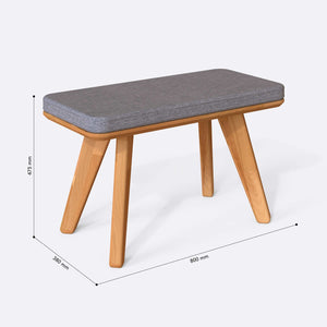 Han Bench 80 x 38 cm ölçülendirilmiş teknik görünümü, gri keten döşeme, milimetre cinsinden ölçüler