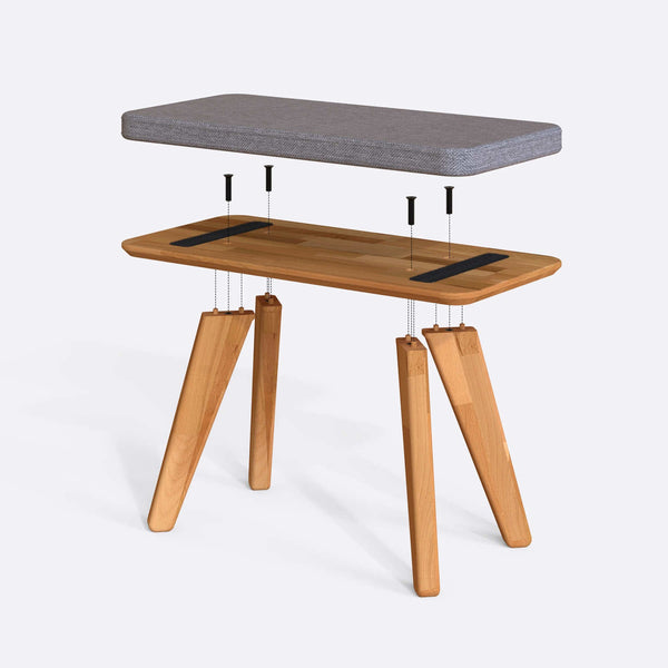 Han Bench 80 x 38 cm parçalarına ayrılmış montaj görünümü, gri keten oturum ve masif kayın ayaklar