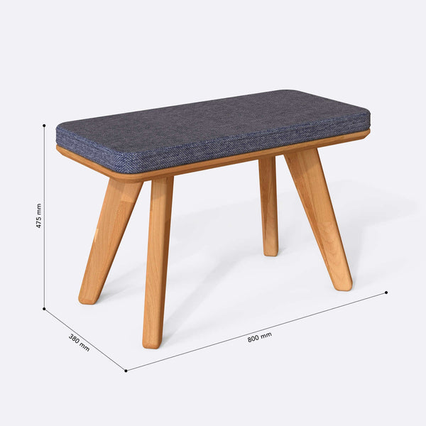 Han Bench 80 x 38 cm ölçülendirilmiş teknik görünümü, kül keten döşeme, milimetre cinsinden ölçüler