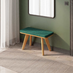 Han Bench 80 x 38 cm, petrol keten döşeme, masif kayın gövde, ev ortamında kullanım görünümü