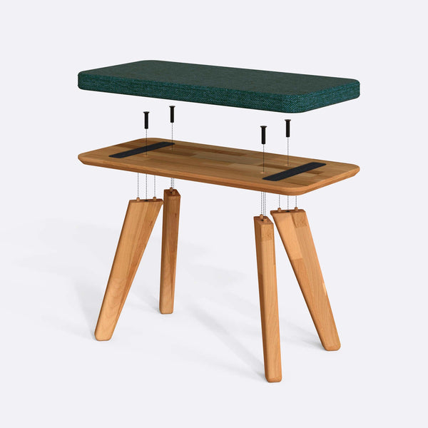 Han Bench 80 x 38 cm parçalarına ayrılmış montaj görünümü, petrol keten oturum ve masif kayın ayaklar