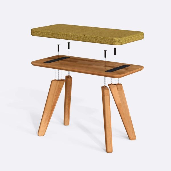 Han Bench 80 x 38 cm parçalarına ayrılmış montaj görünümü, sarı keten oturum ve masif kayın ayaklar