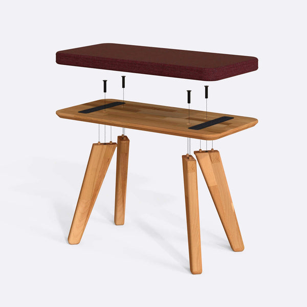 Han Bench 80 x 38 cm parçalarına ayrılmış montaj görünümü, bordo keten oturum ve masif kayın ayaklar