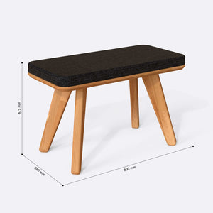 Han Bench 80 x 38 cm ölçülendirilmiş teknik görünümü, siyah keten döşeme, milimetre cinsinden ölçüler