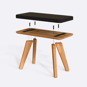 Han Bench 80 x 38 cm parçalarına ayrılmış montaj görünümü, siyah keten oturum ve masif kayın ayaklar