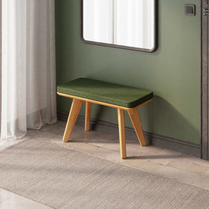Han Bench 80 x 38 cm, yeşil keten döşeme, masif kayın gövde, ev ortamında kullanım görünümü