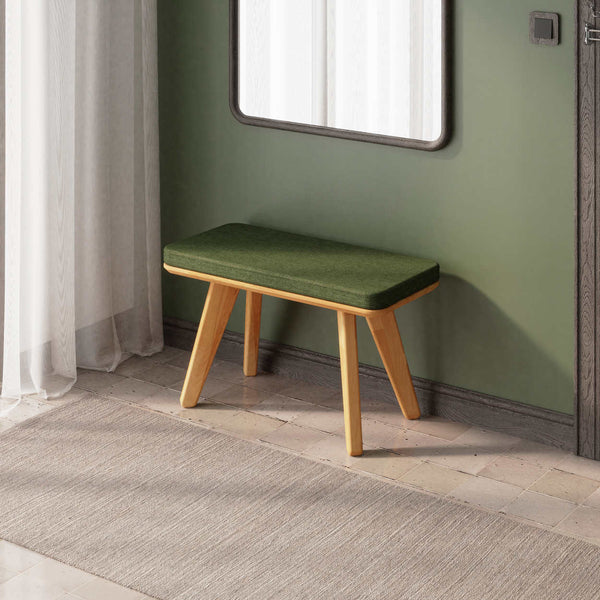 Han Bench 80 x 38 cm, yeşil keten döşeme, masif kayın gövde, ev ortamında kullanım görünümü