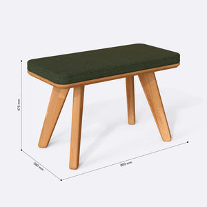 Han Bench 80 x 38 cm ölçülendirilmiş teknik görünümü, yeşil keten döşeme, milimetre cinsinden ölçüler