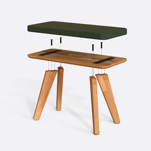 Han Bench 80 x 38 cm parçalarına ayrılmış montaj görünümü, yeşil keten oturum ve masif kayın ayaklar
