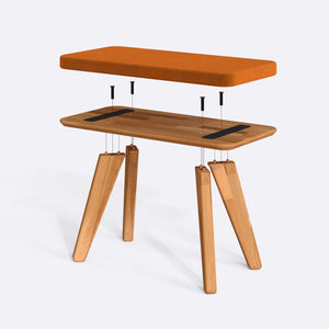 Han Bench 80 x 38 cm parçalarına ayrılmış montaj görünümü, badem kadife oturum ve masif kayın ayaklar