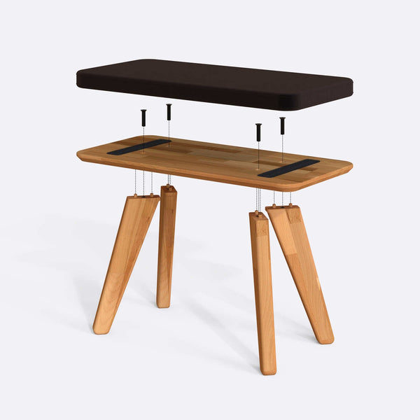 Han Bench 80 x 38 cm parçalarına ayrılmış montaj görünümü, kahve kadife oturum ve masif kayın ayaklar
