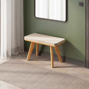 Han Bench 80 x 38 cm, kum kadife döşeme, masif kayın gövde, ev ortamında kullanım görünümü