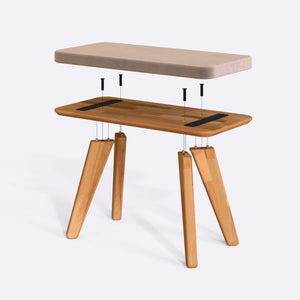 Han Bench 80 x 38 cm parçalarına ayrılmış montaj görünümü, kum kadife oturum ve masif kayın ayaklar