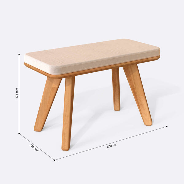Han Bench 80 x 38 cm ölçülendirilmiş teknik görünümü, ekru kadife döşeme, milimetre cinsinden ölçüler