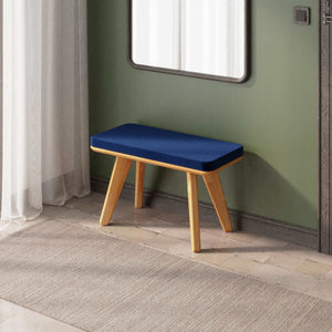 Han Bench 80 x 38 cm, lacivert kadife döşeme, masif kayın gövde, ev ortamında kullanım görünümü