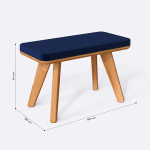 Han Bench 80 x 38 cm ölçülendirilmiş teknik görünümü, lacivert kadife döşeme, milimetre cinsinden ölçüler