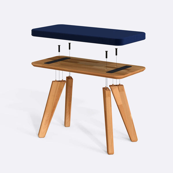 Han Bench 80 x 38 cm parçalarına ayrılmış montaj görünümü, lacivert kadife oturum ve masif kayın ayaklar