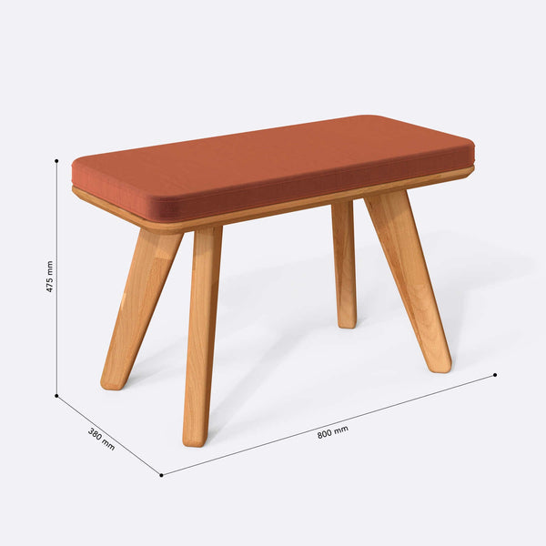 Han Bench 80 x 38 cm ölçülendirilmiş teknik görünümü, somon kadife döşeme, milimetre cinsinden ölçüler