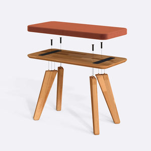 Han Bench 80 x 38 cm parçalarına ayrılmış montaj görünümü, somon kadife oturum ve masif kayın ayaklar