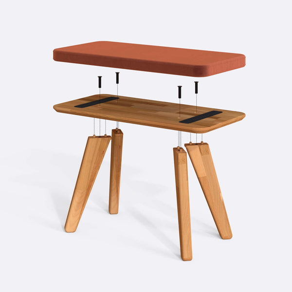 Han Bench 80 x 38 cm parçalarına ayrılmış montaj görünümü, somon kadife oturum ve masif kayın ayaklar