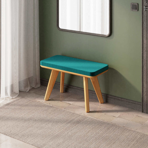 Han Bench 80 x 38 cm, petrol kadife döşeme, masif kayın gövde, ev ortamında kullanım görünümü