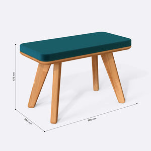 Han Bench 80 x 38 cm ölçülendirilmiş teknik görünümü, petrol kadife döşeme, milimetre cinsinden ölçüler