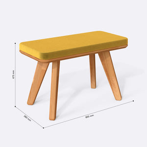 Han Bench 80 x 38 cm ölçülendirilmiş teknik görünümü, sarı kadife döşeme, milimetre cinsinden ölçüler