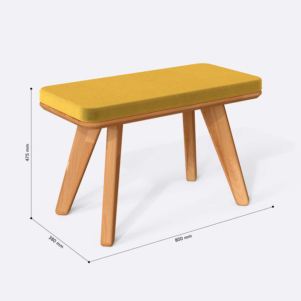 Han Bench 80 x 38 cm ölçülendirilmiş teknik görünümü, sarı kadife döşeme, milimetre cinsinden ölçüler