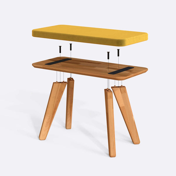 Han Bench 80 x 38 cm parçalarına ayrılmış montaj görünümü, sarı kadife oturum ve masif kayın ayaklar