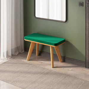 Han Bench 80 x 38 cm, zümrüt kadife döşeme, masif kayın gövde, ev ortamında kullanım görünümü