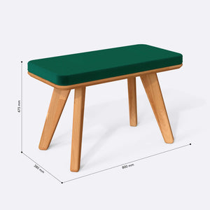 Han Bench 80 x 38 cm ölçülendirilmiş teknik görünümü, zümrüt kadife döşeme, milimetre cinsinden ölçüler