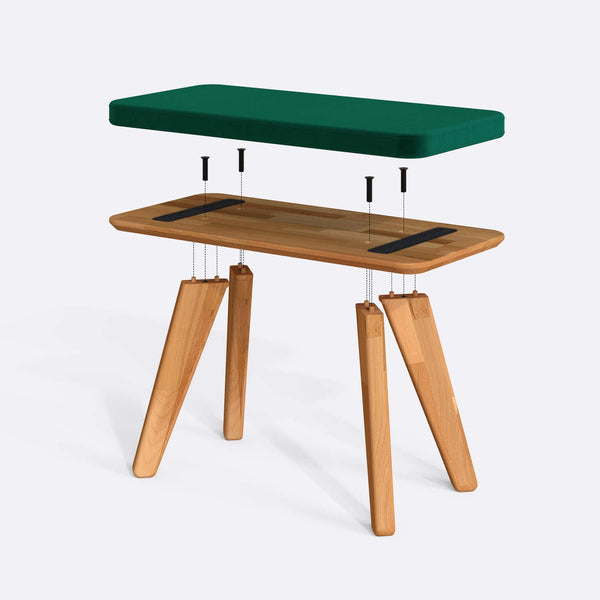 Han Bench 80 x 38 cm parçalarına ayrılmış montaj görünümü, zümrüt kadife oturum ve masif kayın ayaklar