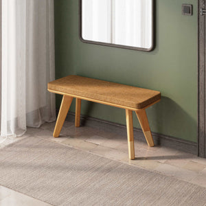 Han Bench 100 x 38 cm, badem keten döşeme, masif kayın gövde, ev ortamında kullanım görünümü