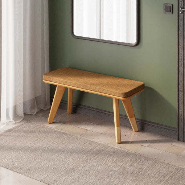 Han Bench 100 x 38 cm, badem keten döşeme, masif kayın gövde, ev ortamında kullanım görünümü