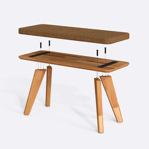 Han Bench 100 x 38 cm parçalarına ayrılmış montaj görünümü, badem keten oturum ve masif kayın ayaklar