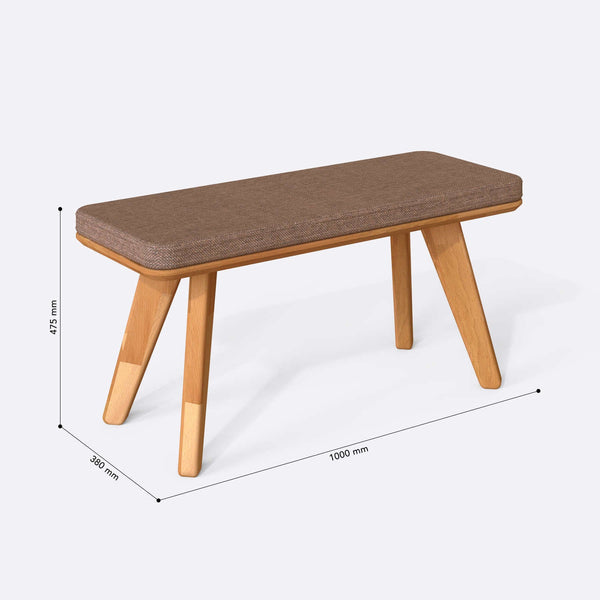 Han Bench 100 x 38 cm ölçülendirilmiş teknik görünümü, kahve keten döşeme, milimetre cinsinden ölçüler