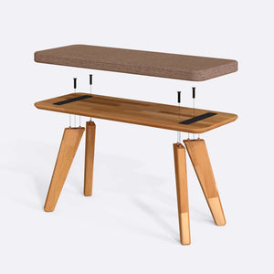 Han Bench 100 x 38 cm parçalarına ayrılmış montaj görünümü, kahve keten oturum ve masif kayın ayaklar