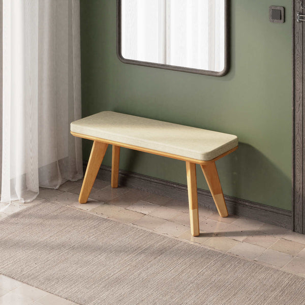 Han Bench 100 x 38 cm, kum keten döşeme, masif kayın gövde, ev ortamında kullanım görünümü