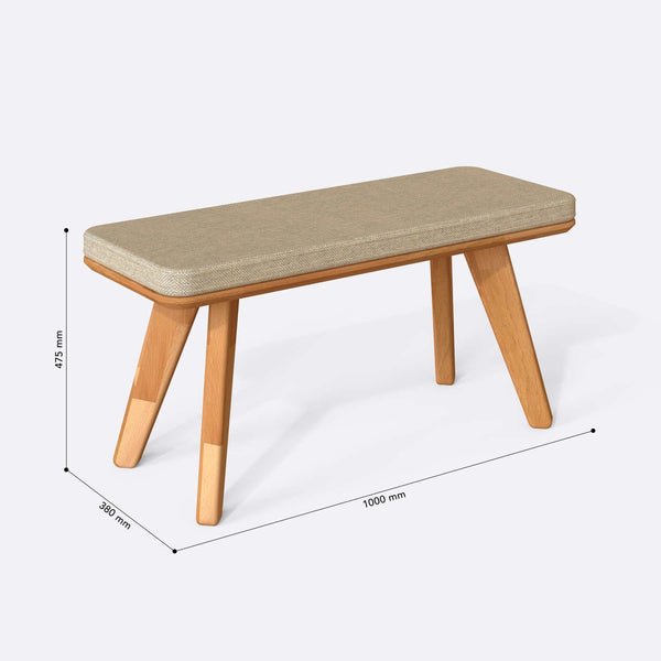 Han Bench 100 x 38 cm ölçülendirilmiş teknik görünümü, kum keten döşeme, milimetre cinsinden ölçüler