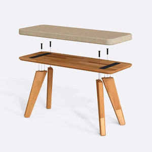 Han Bench 100 x 38 cm parçalarına ayrılmış montaj görünümü, kum keten oturum ve masif kayın ayaklar