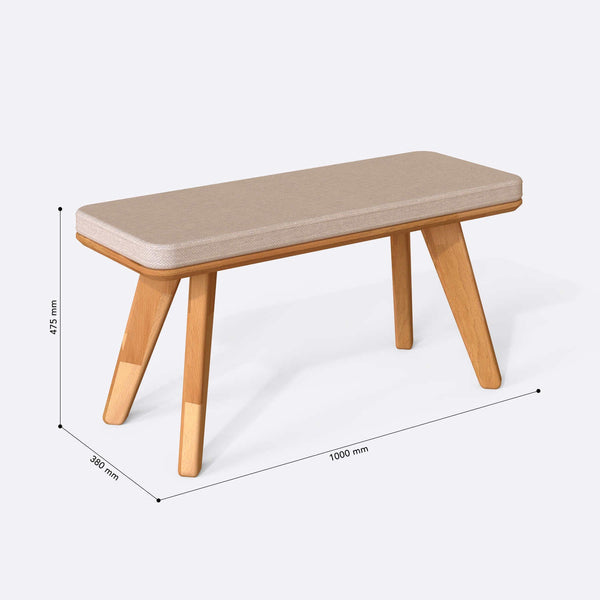 Han Bench 100 x 38 cm ölçülendirilmiş teknik görünümü, ekru keten döşeme, milimetre cinsinden ölçüler