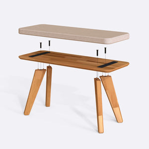 Han Bench 100 x 38 cm parçalarına ayrılmış montaj görünümü, ekru keten oturum ve masif kayın ayaklar
