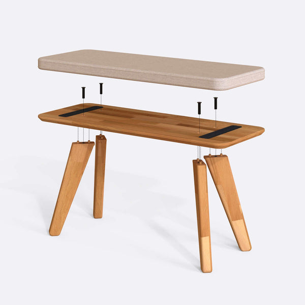 Han Bench 100 x 38 cm parçalarına ayrılmış montaj görünümü, ekru keten oturum ve masif kayın ayaklar
