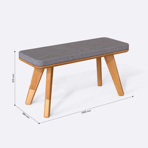 Han Bench 100 x 38 cm ölçülendirilmiş teknik görünümü, gri keten döşeme, milimetre cinsinden ölçüler