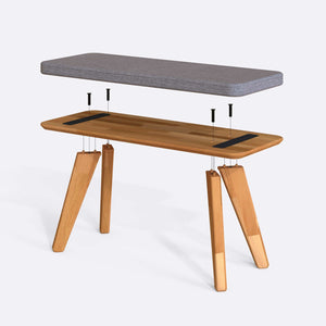 Han Bench 100 x 38 cm parçalarına ayrılmış montaj görünümü, gri keten oturum ve masif kayın ayaklar