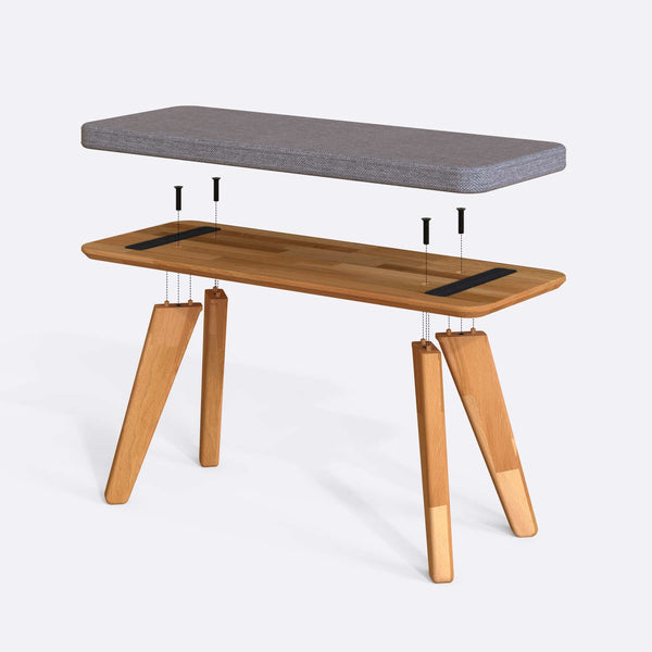 Han Bench 100 x 38 cm parçalarına ayrılmış montaj görünümü, gri keten oturum ve masif kayın ayaklar