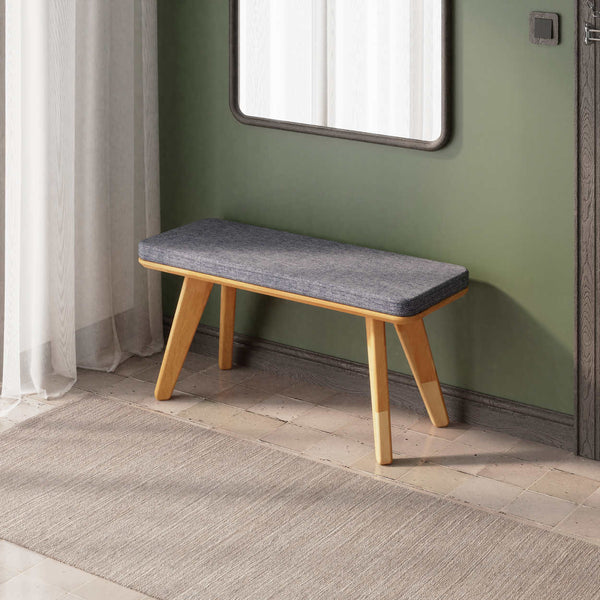 Han Bench, masif kayın gövde ve kumaş döşeme, 100 cm genişliğinde, ev ortamında kullanım görünümü