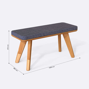 Han Bench 100 x 38 cm ölçülendirilmiş teknik görünümü, kül keten döşeme, milimetre cinsinden ölçüler