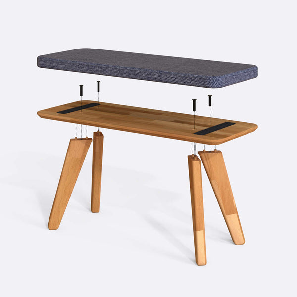 Han Bench 100 x 38 cm parçalarına ayrılmış montaj görünümü, kül keten oturum ve masif kayın ayaklar