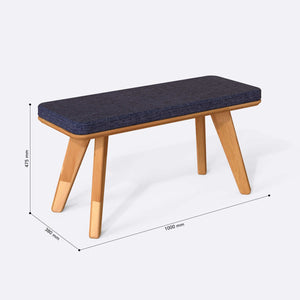 Han Bench 100 x 38 cm ölçülendirilmiş teknik görünümü, lacivert keten döşeme, milimetre cinsinden ölçüler